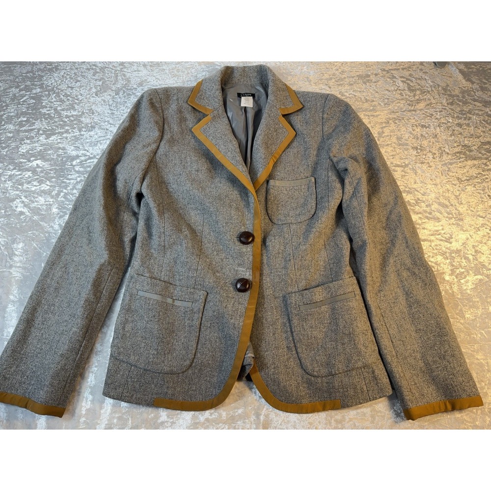 J.Crew Women's Size 4 Wool Blazer Gray Silk Trim Patch Pockets Academia